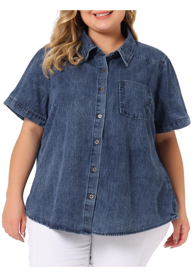 Jean Short Sleeve Button Down Top Denim Shirt, Denim Blue / Chambray Denim Medium, alternate image number 2