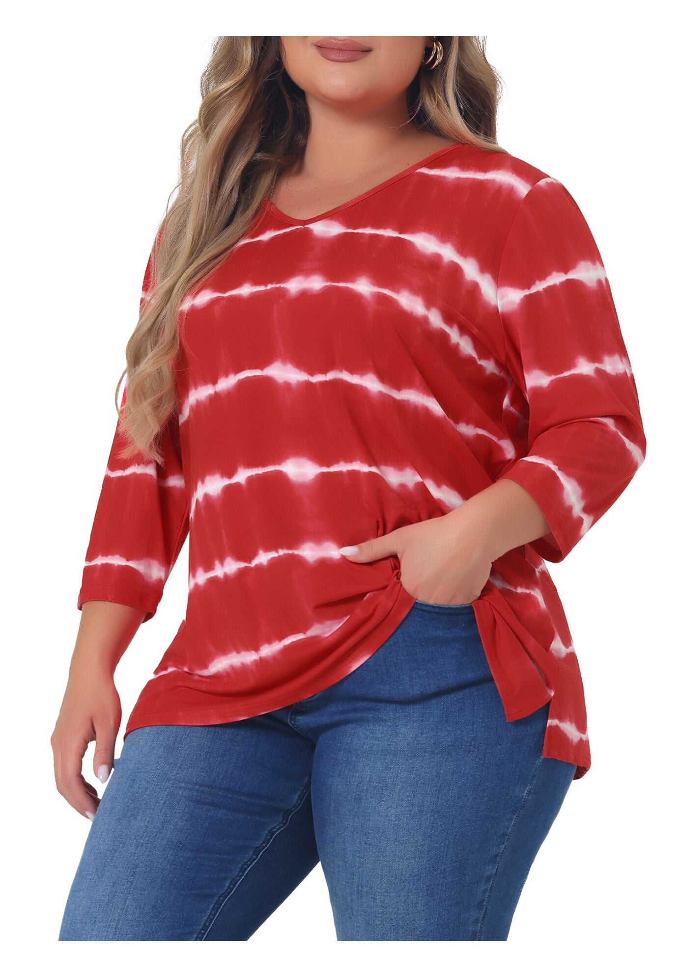 V Neck 3/4 Sleeve Loose Casual Striped Tie Dye Print T-Shirt Top, Red / Red, alternate image number 2