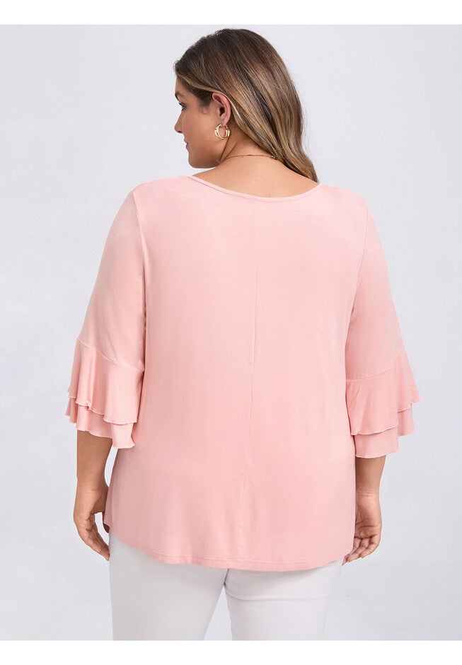 V Neck Double Layered Ruffle 3/4 Sleeve Pleated Front Blouse, Pink / Pink, alternate image number 2