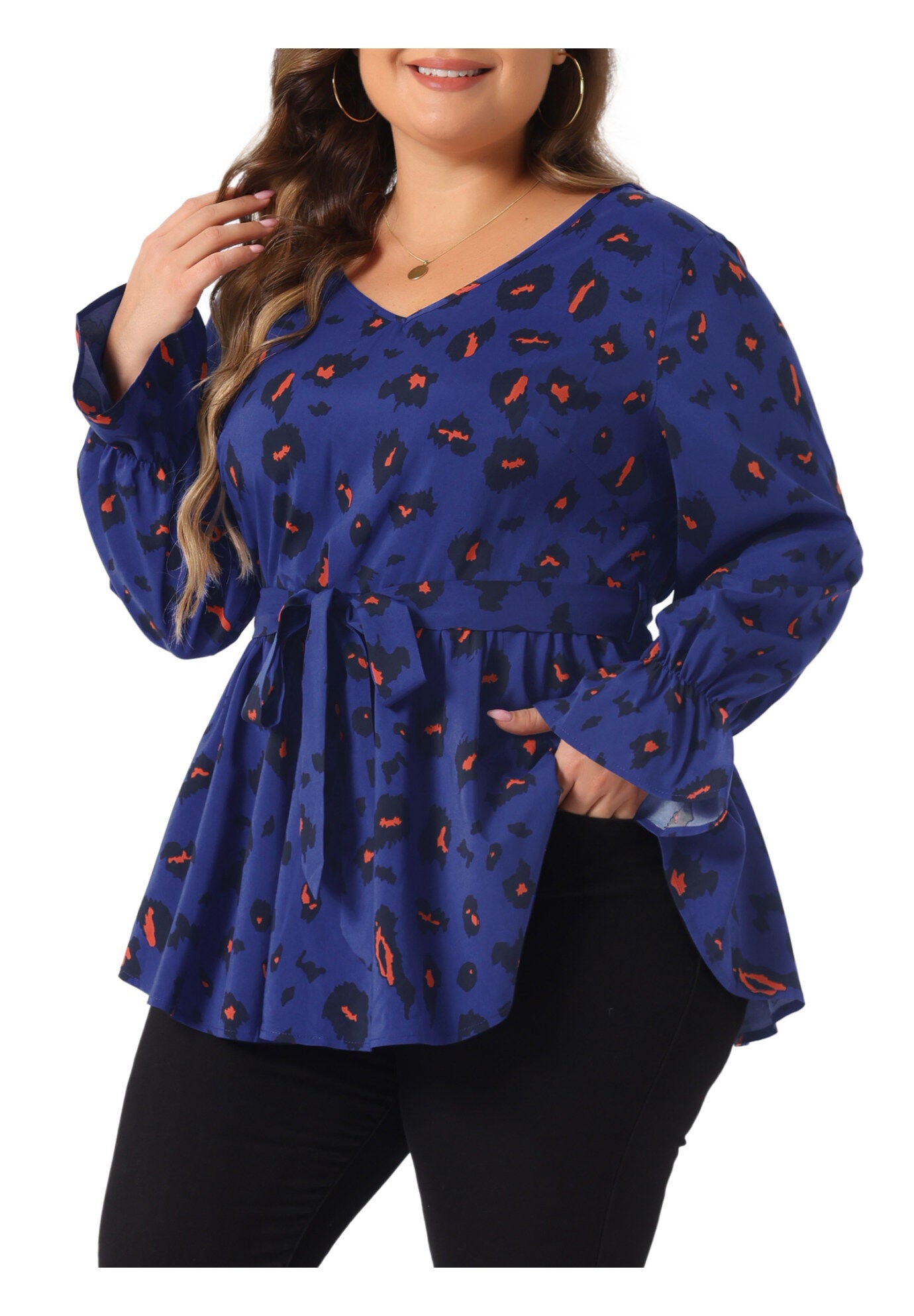 Graphic Print Belted Long Sleeve Peplum Blouse, Royal Blue / Royal Blue, alternate image number 1