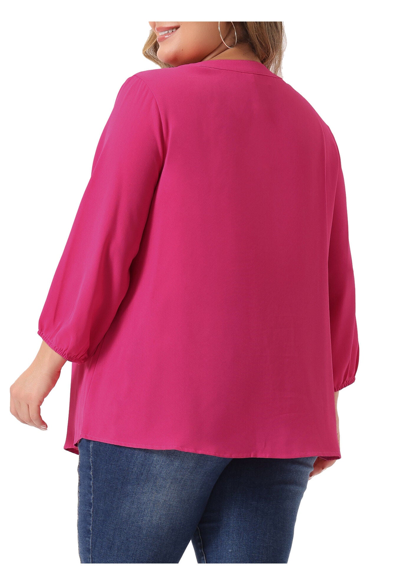 3/4 Sleeve Work Office Tie Front Ruffle Chiffon Blouse Top, Hot Pink / Deep Fuchsia, alternate image number 3