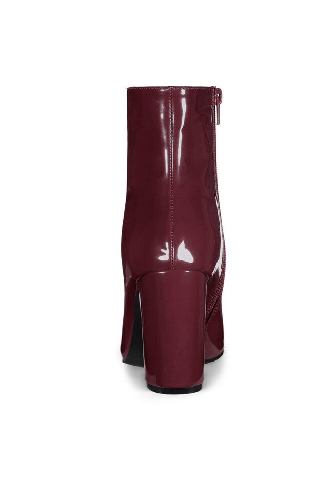 PATENT LEATHER POINTED TOE ZIP ANKLE BOOTS, Burgundy / Burgundy, alternate image number 2