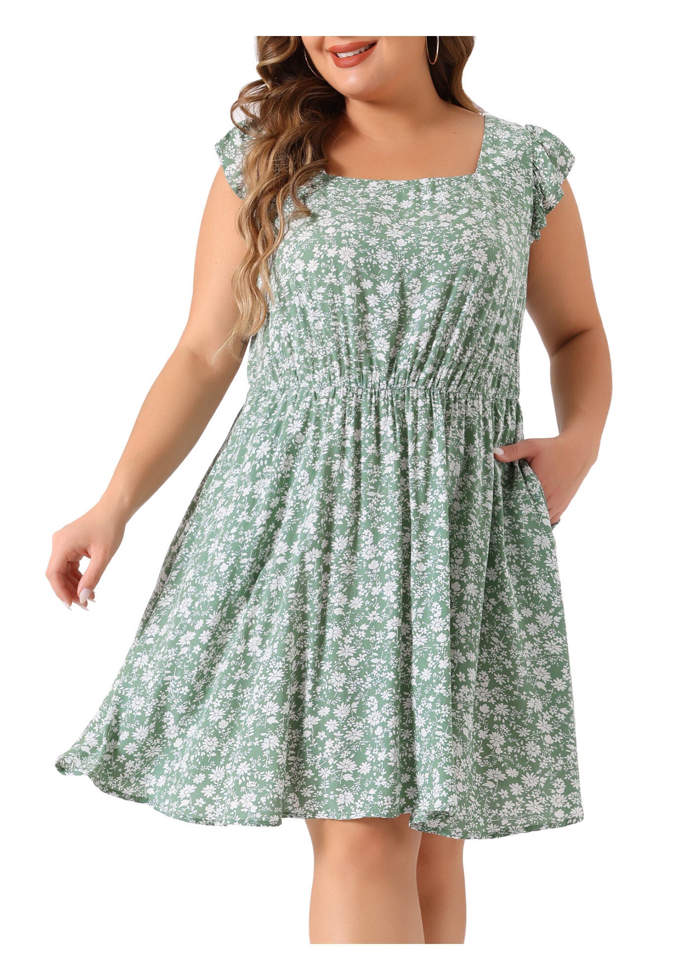 Summer Square Neck Ruffle Short Sleeve Midi Dress, Green / Light Green, alternate image number 1