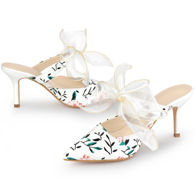 Pointed Toe Lace Bow Stiletto Heels Floral Mules, White / White, alternate image number 1