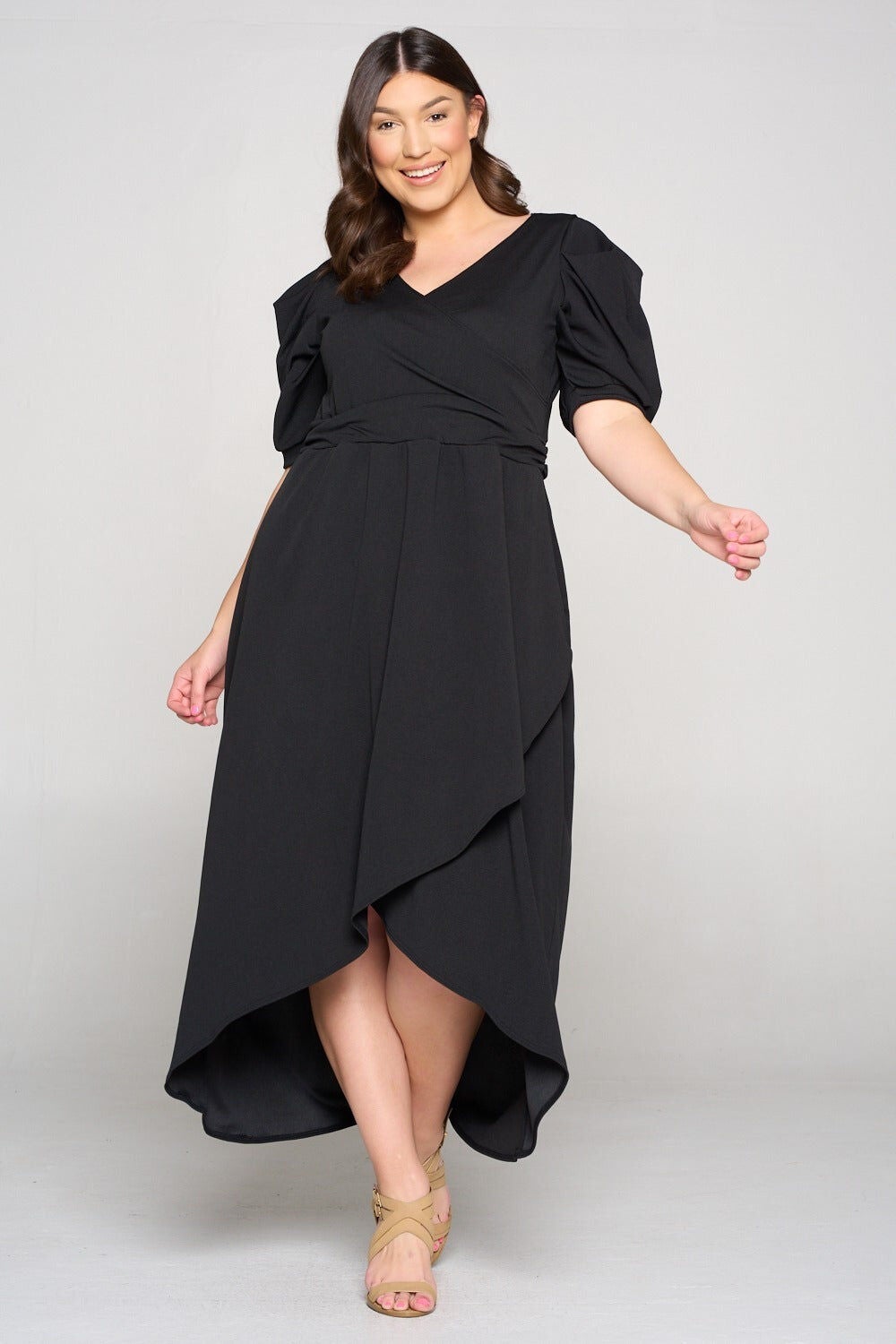 PUFF SLEEVE TULIP WRAP DRESS, Black / Black, alternate image number 3
