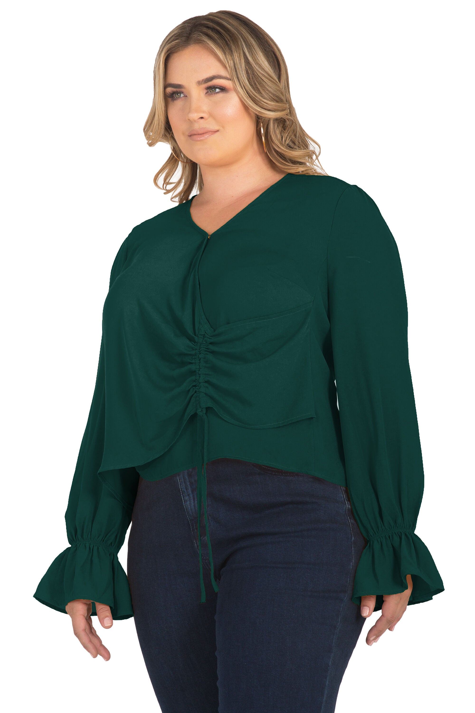 Plus Size Vera Tie Front Flute Sleeve Blouse, Teal / Teal, alternate image number 2