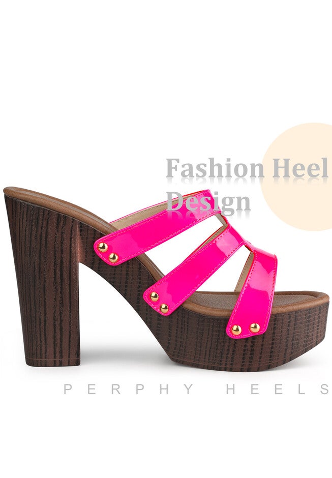 Platform Open Toe Slide Chunky Heels Sandals, Hot Pink / Deep Fuchsia, alternate image number 3