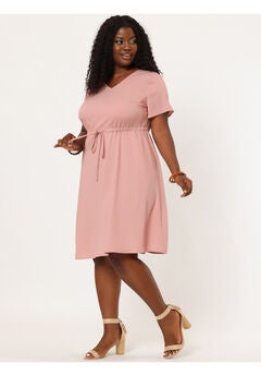 V Neck Short Sleeve A Line Flowy Midi Chambray Dress