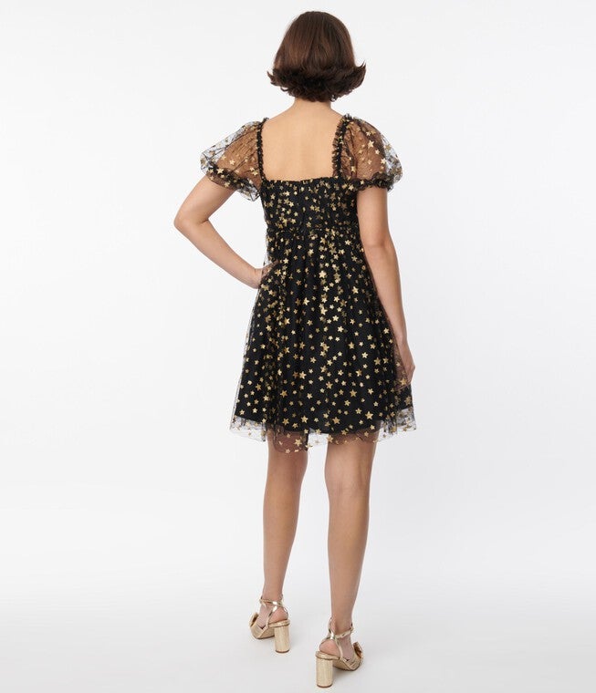 Unique Vintage Black Gold Star Mesh Babydoll Belle Dress, Black / Black, alternate image number null