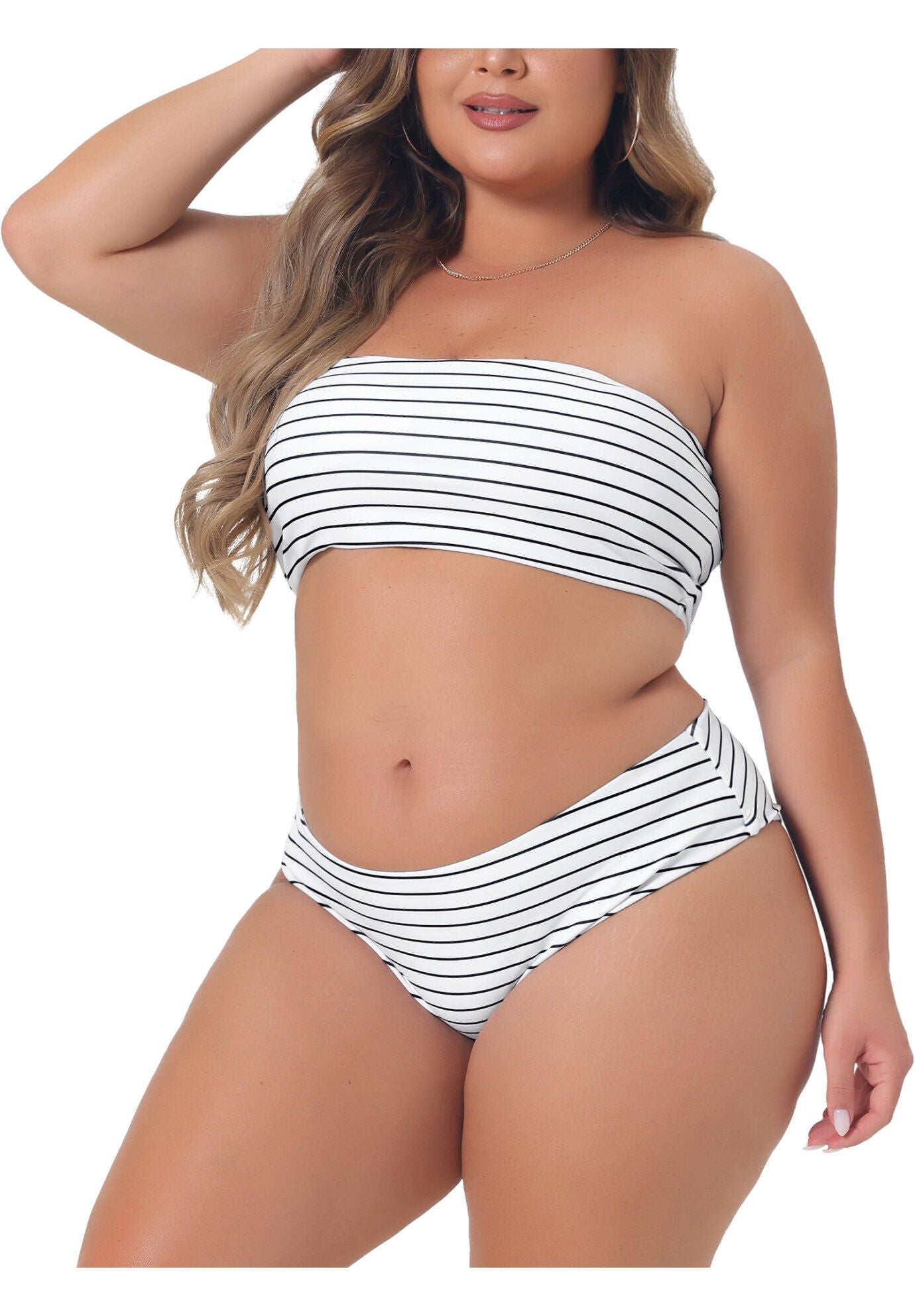2 Pieces Bandeau Off Shoulder High Waist Bikini, White Stripes / White, alternate image number 1