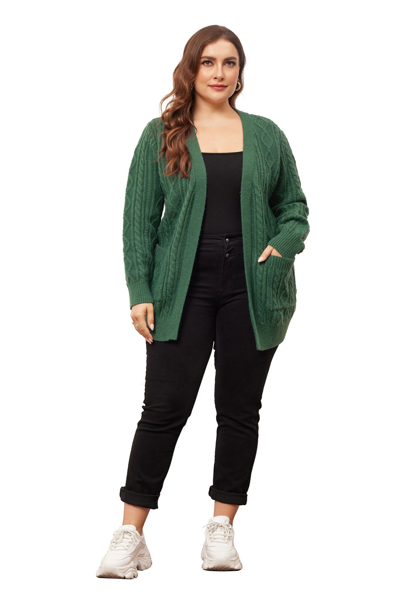 OPEN FRONT LIGHTWEIGHT SWEATER CARDIGAN WITH POCKETS, Dark Green / Forest Green, hi-res image number 0