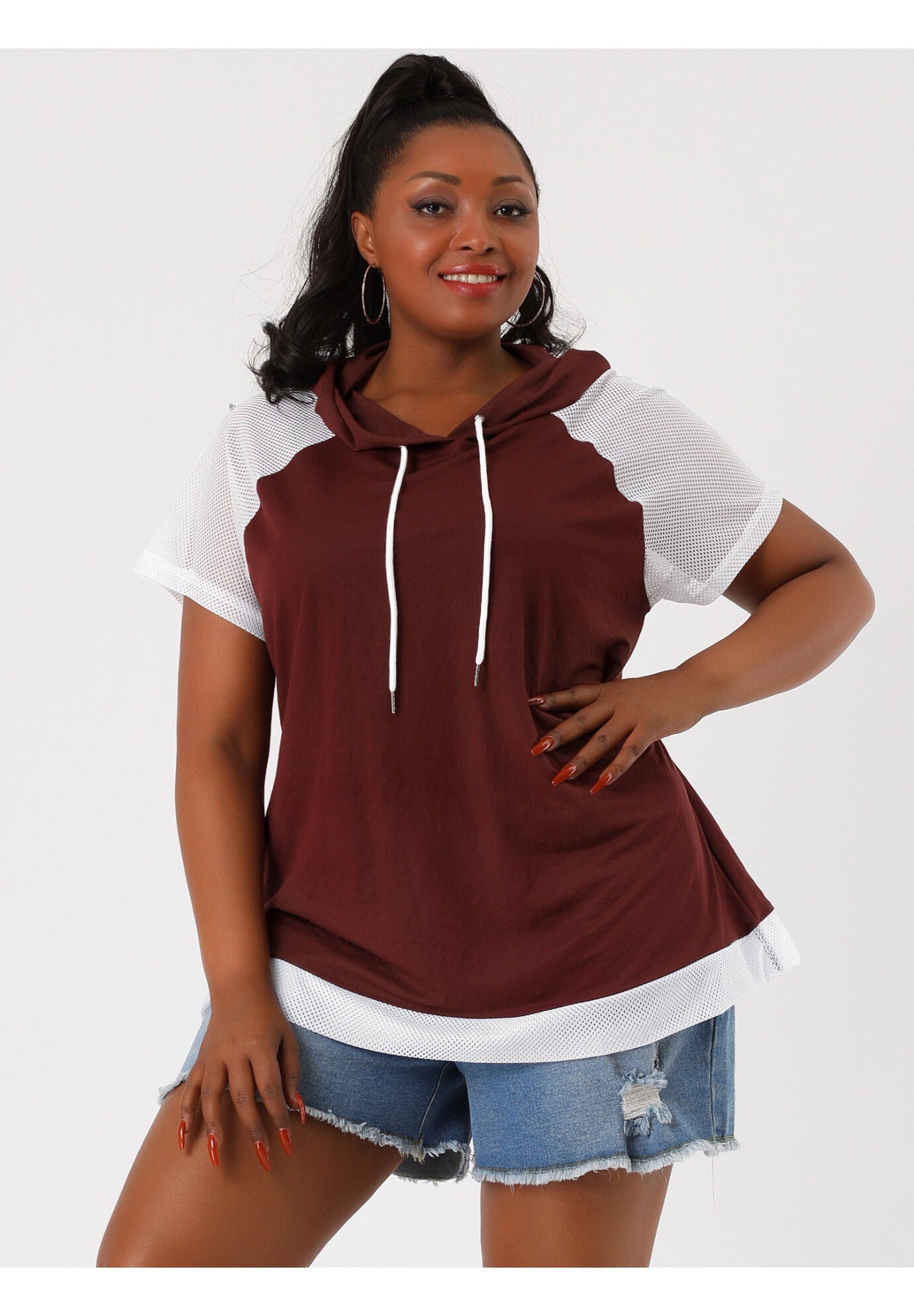 SHORT SLEEVES DRAWSTRING LOOSE RAGLAN HOODIE TOP, Burgundy / Red, hi-res image number 0