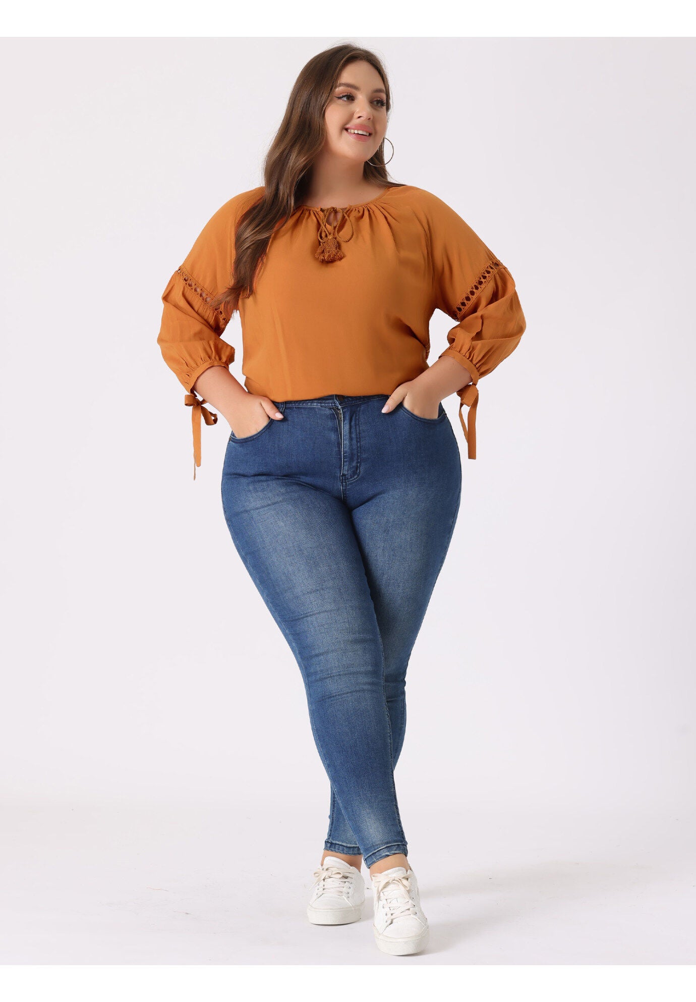 RAGLAN SLEEVES HOLLOW OUT TIE NECK PEASANT TOP, Orange / Orange, alternate image number 1