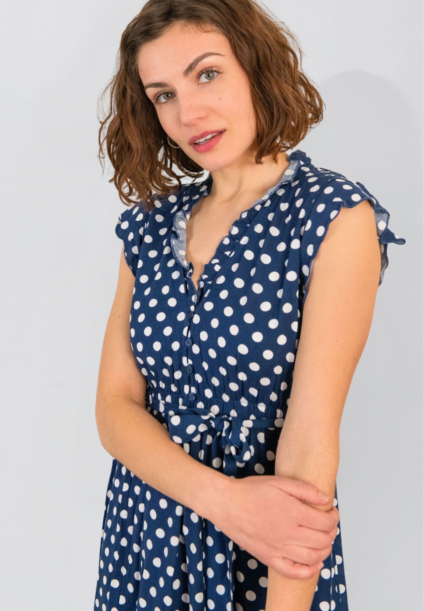 Annick - Natasha Polka Dot Short Dress with Belt, Pockets, and Ruffle Trim, Navy / Navy, alternate image number 3