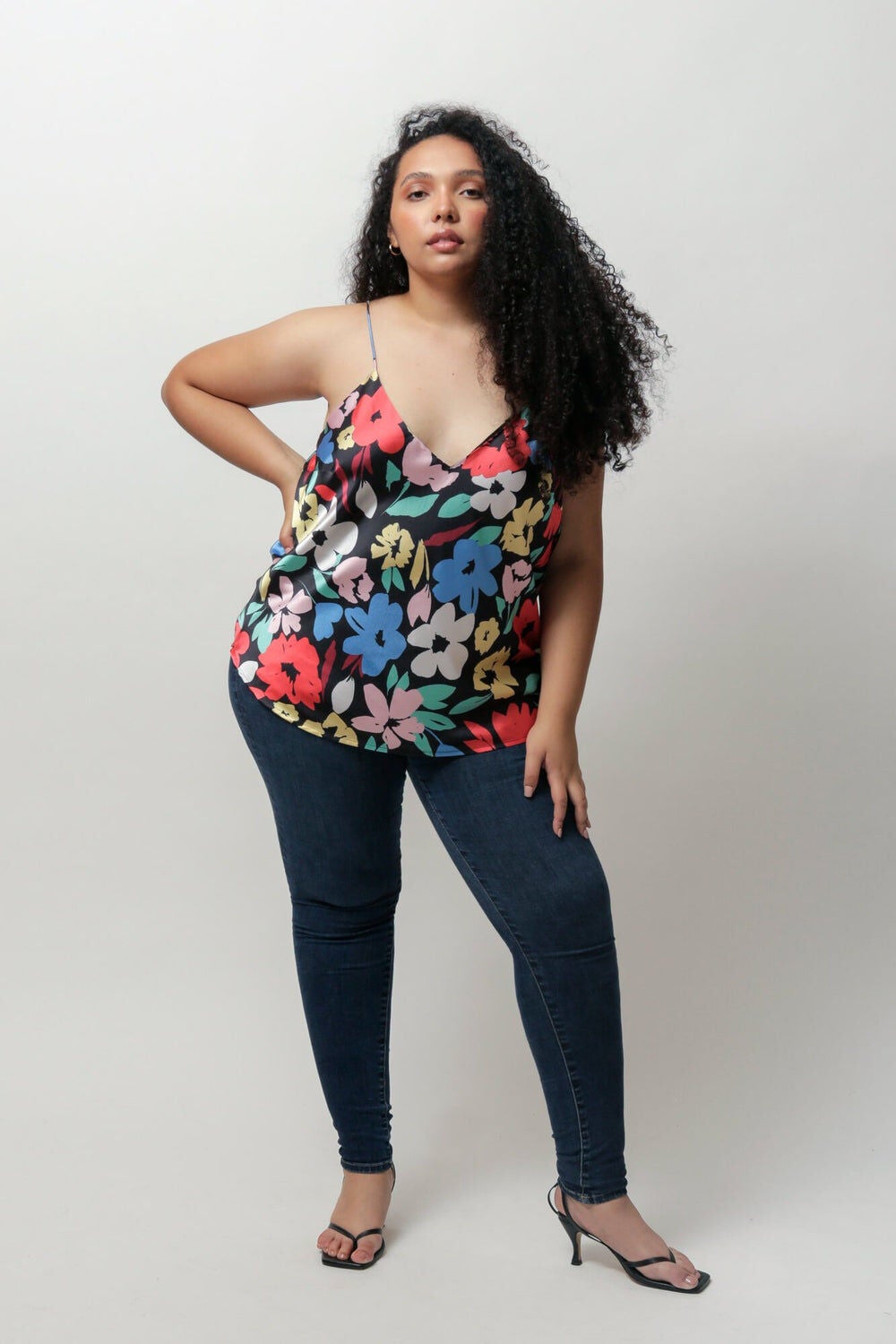 Selma Satin Cami Tank Top, Evening Floral / Black, hi-res image number 0