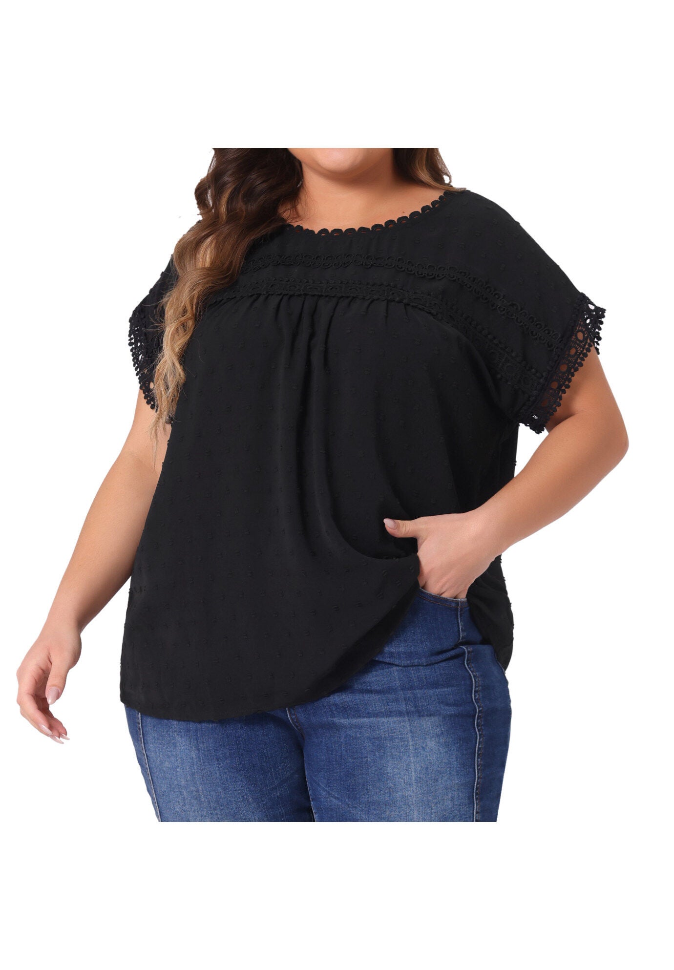 Swiss Dots Lace Crochet Short Sleeve Chiffon Blouse, Black / Black, alternate image number 1