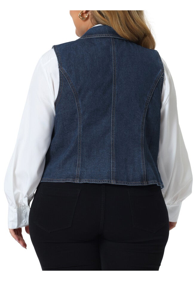 LAPEL SLEEVELESS WAISTCOAT JEAN DENIM VEST, Dark Blue / Navy, alternate image number 3