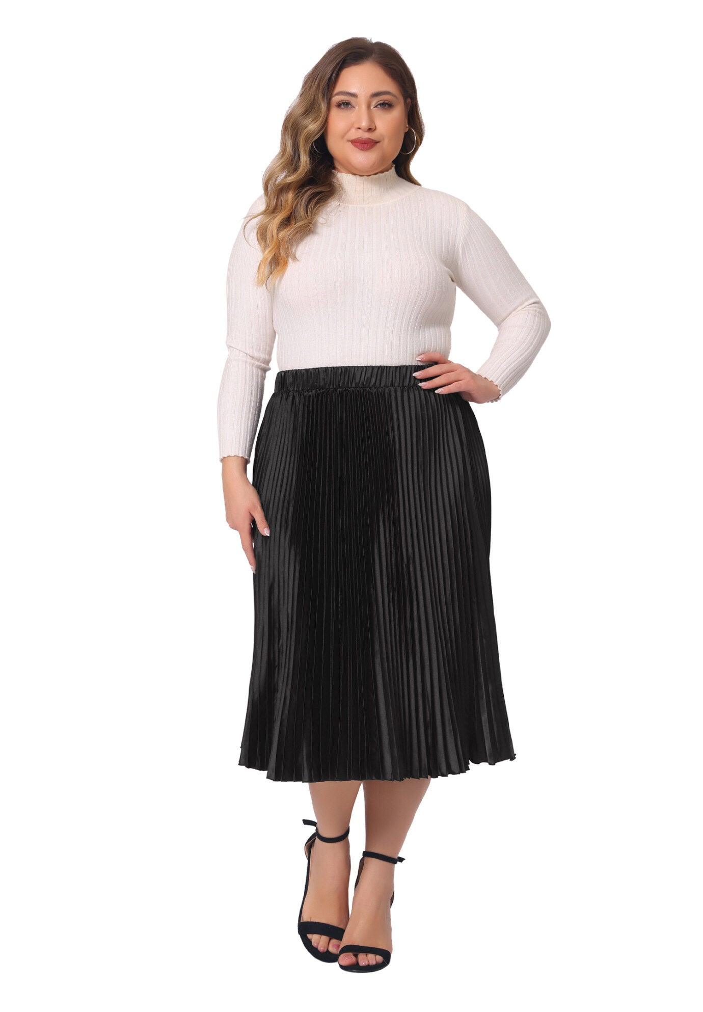 Elastic High Waist Metallic Shiny Accordion Pleated Midi Skirt, Black / Black, hi-res image number 0
