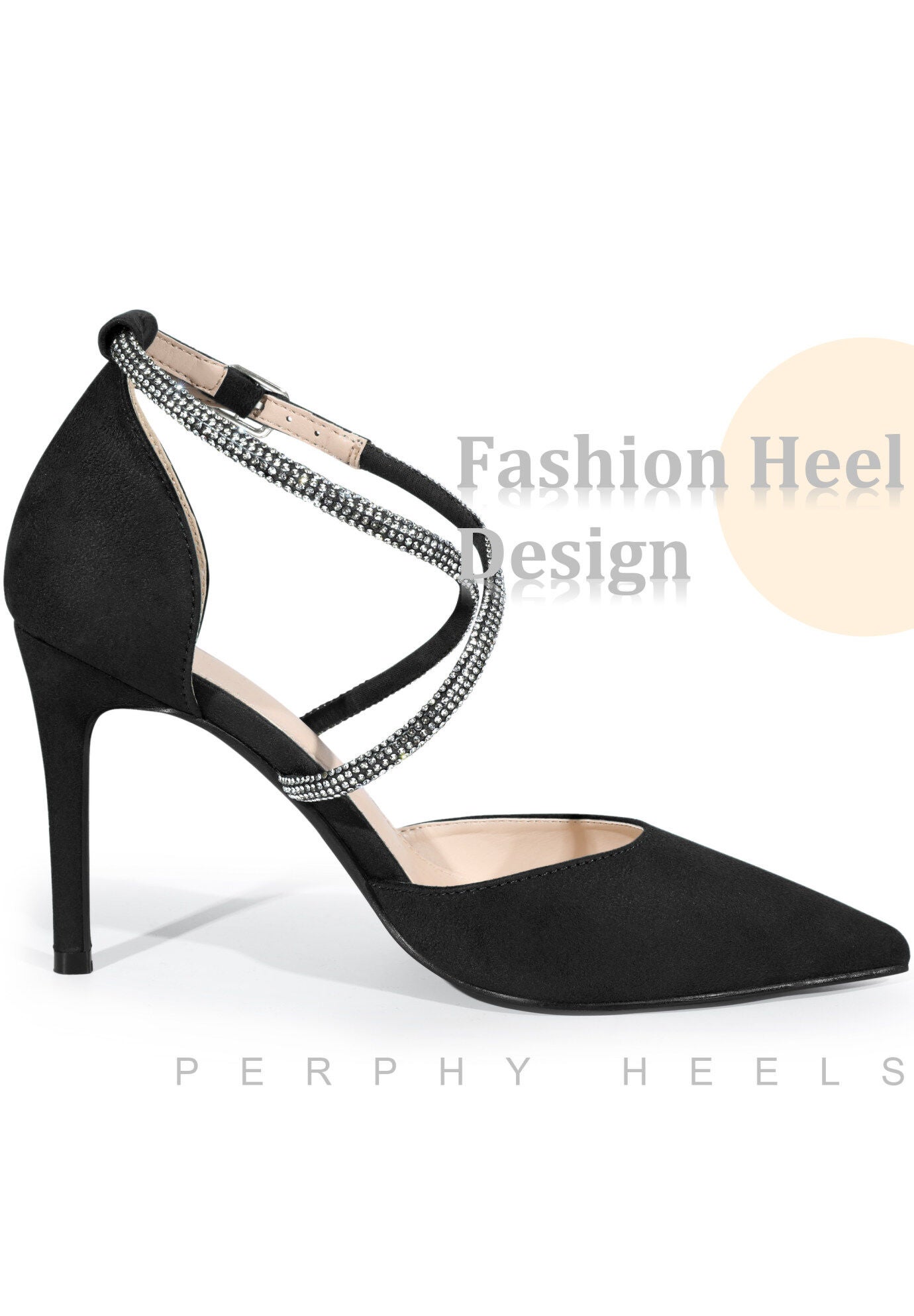 Pointed Toe Crisscross Rhinestone Stiletto Heel Pumps, Black / Black, alternate image number 3