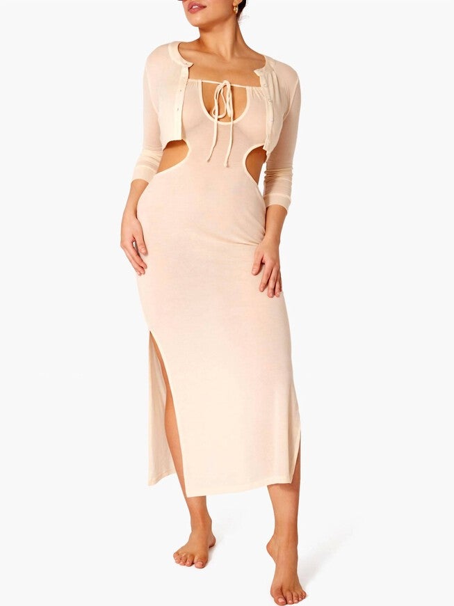 RUCHED CUTOUT MAXI COVER UP IN BEIGE, Beige / Beige, hi-res image number 0