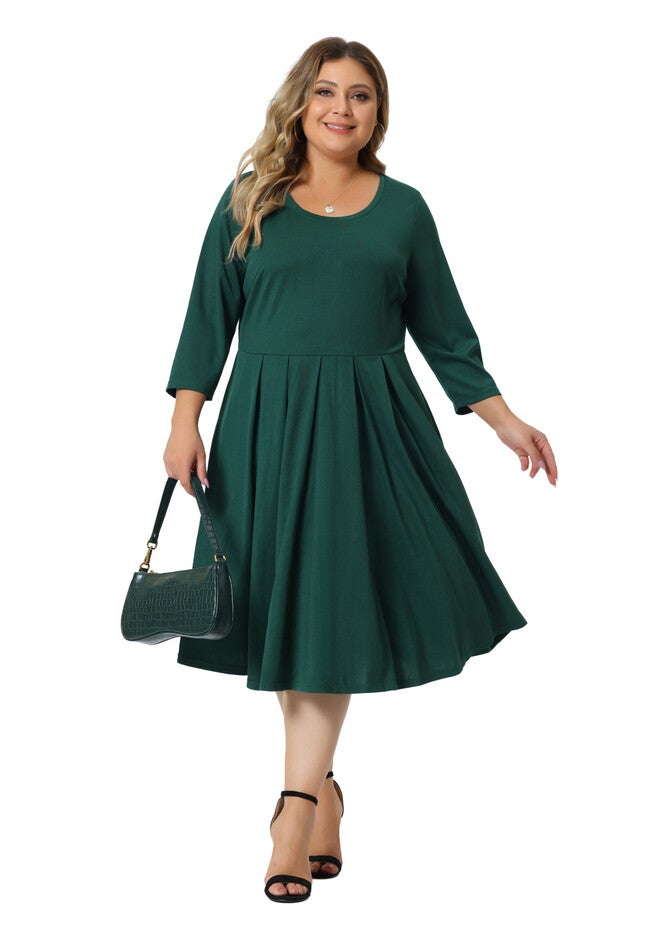 3/4 Sleeve with Pockets A Line Flowy Flare Midi Dress, Dark Green / Forest Green, hi-res image number 0