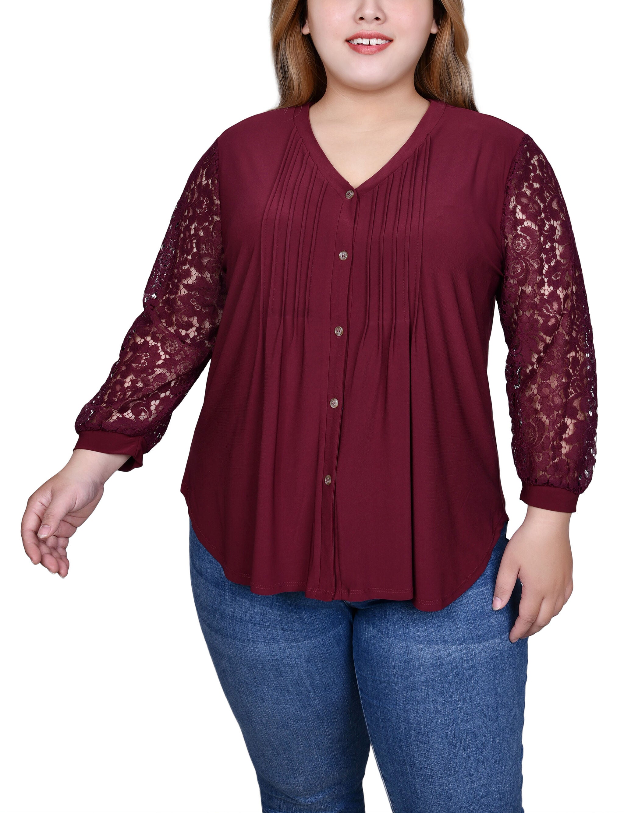 Lace-Sleeve V Neck Top, Rhododendron, hi-res image number 0