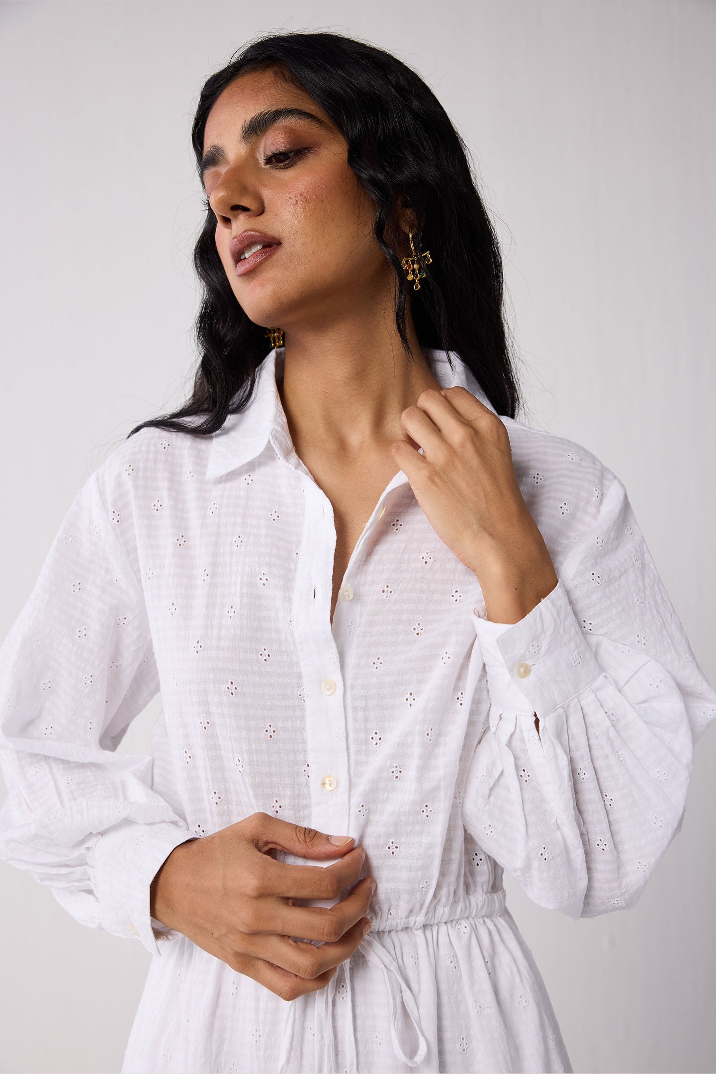 Embroidered Flowy Maxi Tiered Dress in White, Textured Eyelet in White / White, alternate image number 3