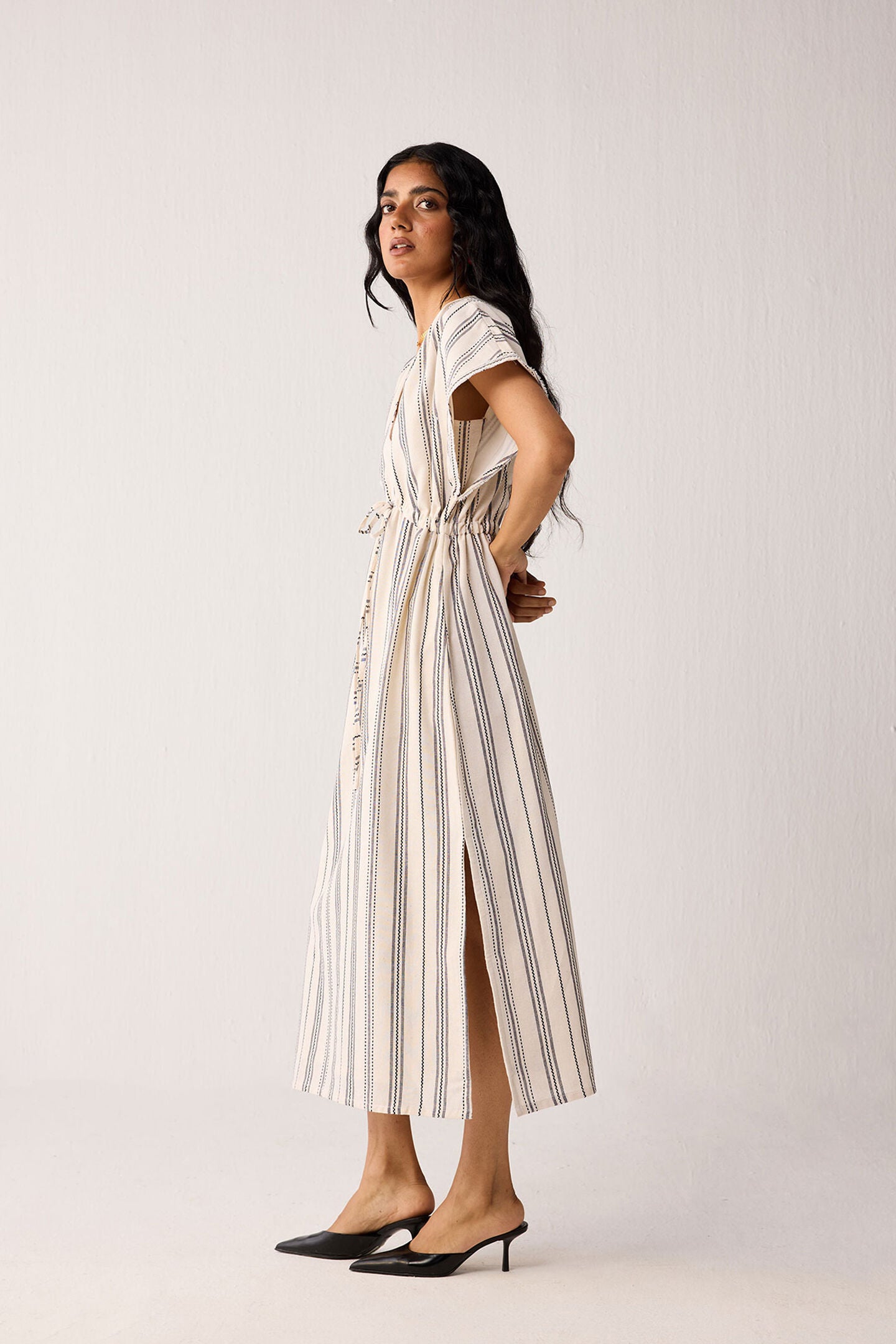 Maxi Gathered Dress with Side Slits in Stripes, Linear Canvas / Cream, alternate image number 2
