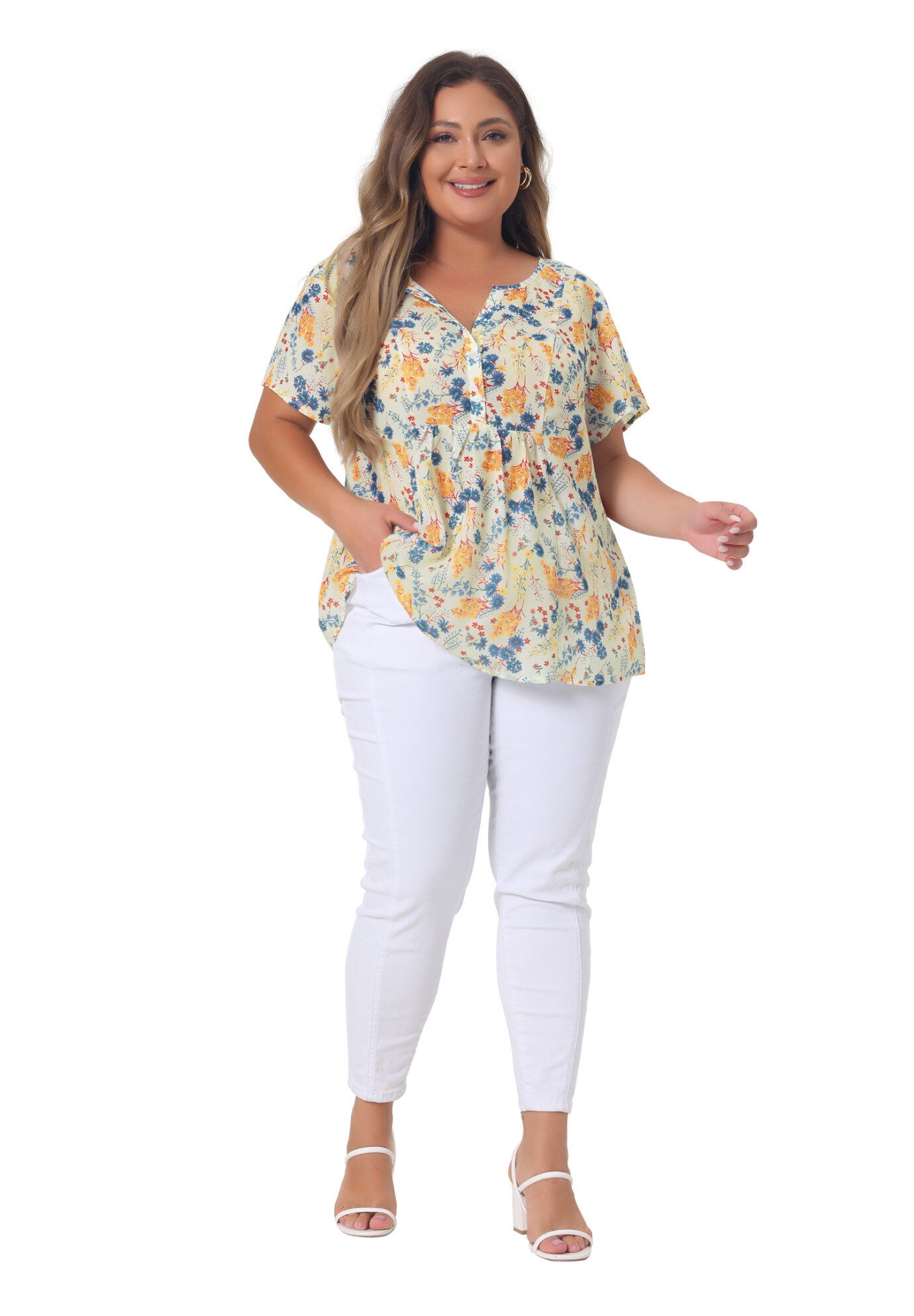 Summer Top Floral Half Placket Short Sleeve Casual Blouse, Beige / Beige, hi-res image number 0