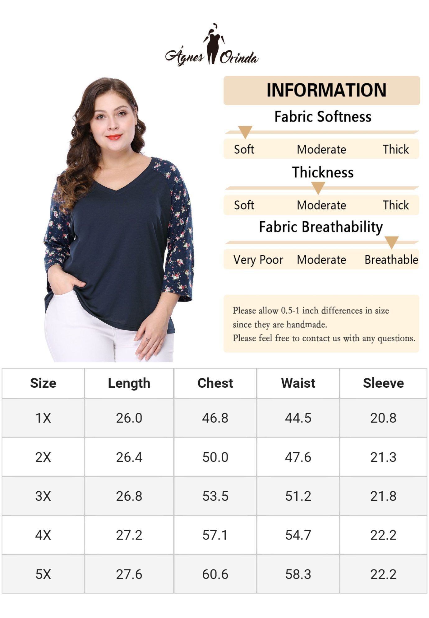 Casual V Neck 3/4 Sleeve Floral Raglan Top, Blue / Navy, alternate image number 2