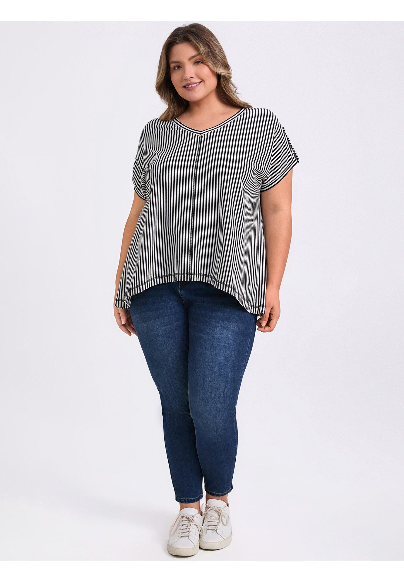 V Neck Short Sleeve Vertical Stripe Drop Shoulder Knit Blouse, Black / Black, hi-res image number 0