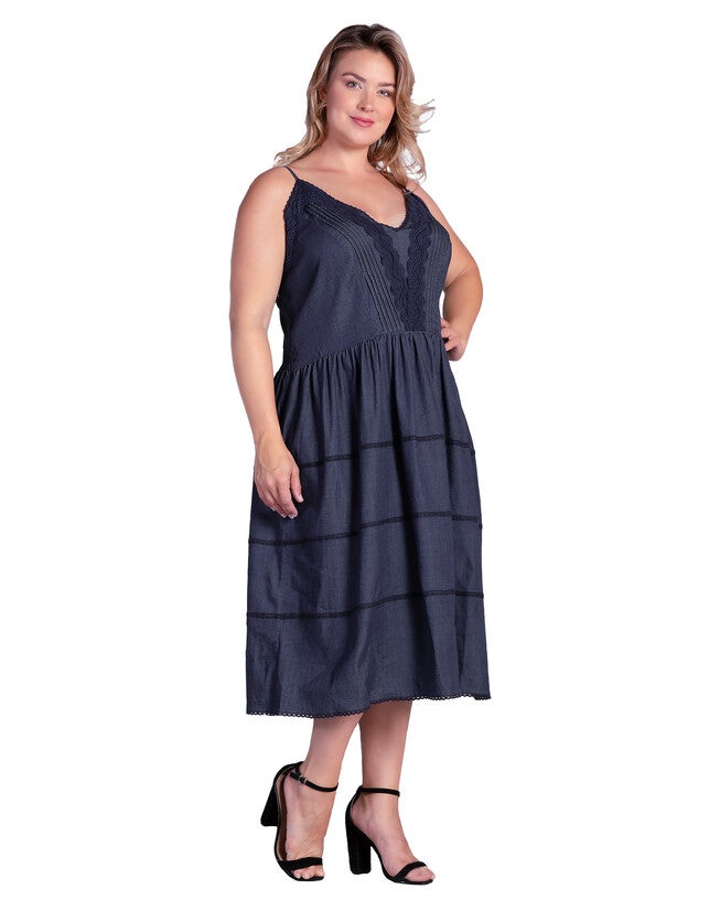 Women's Plus Size Lace Trim Spaghetti Strap Tencel Midi Dress, Dark Indigo / Dark Wash, alternate image number 2