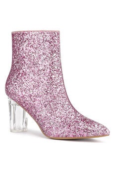 CLEAR BLOCK HEEL GLITTER PARTY BOOTS