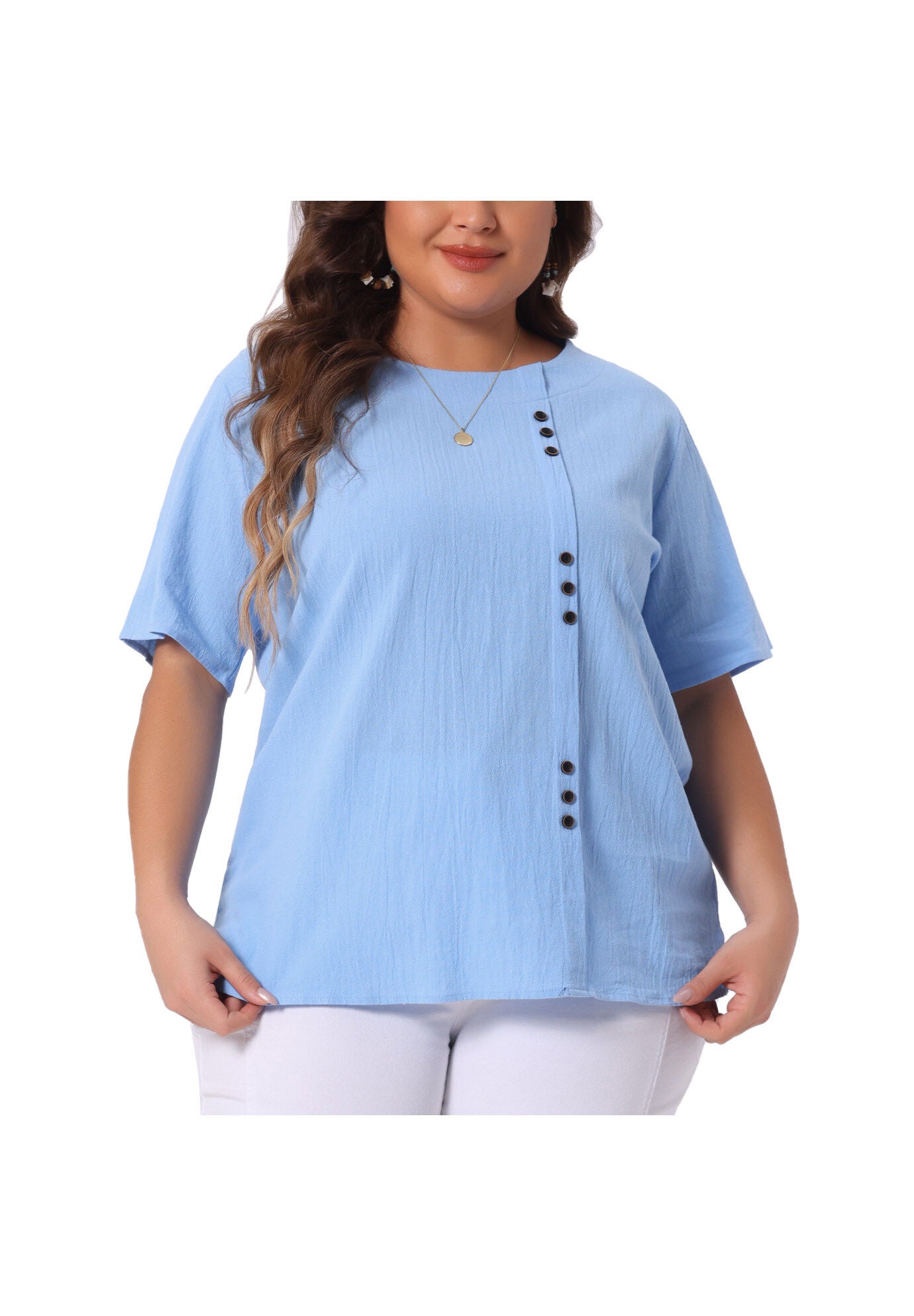 Short Sleeve Round Neck Cotton Linen T-Shirt Top, Sky Blue / Light Blue, alternate image number 2