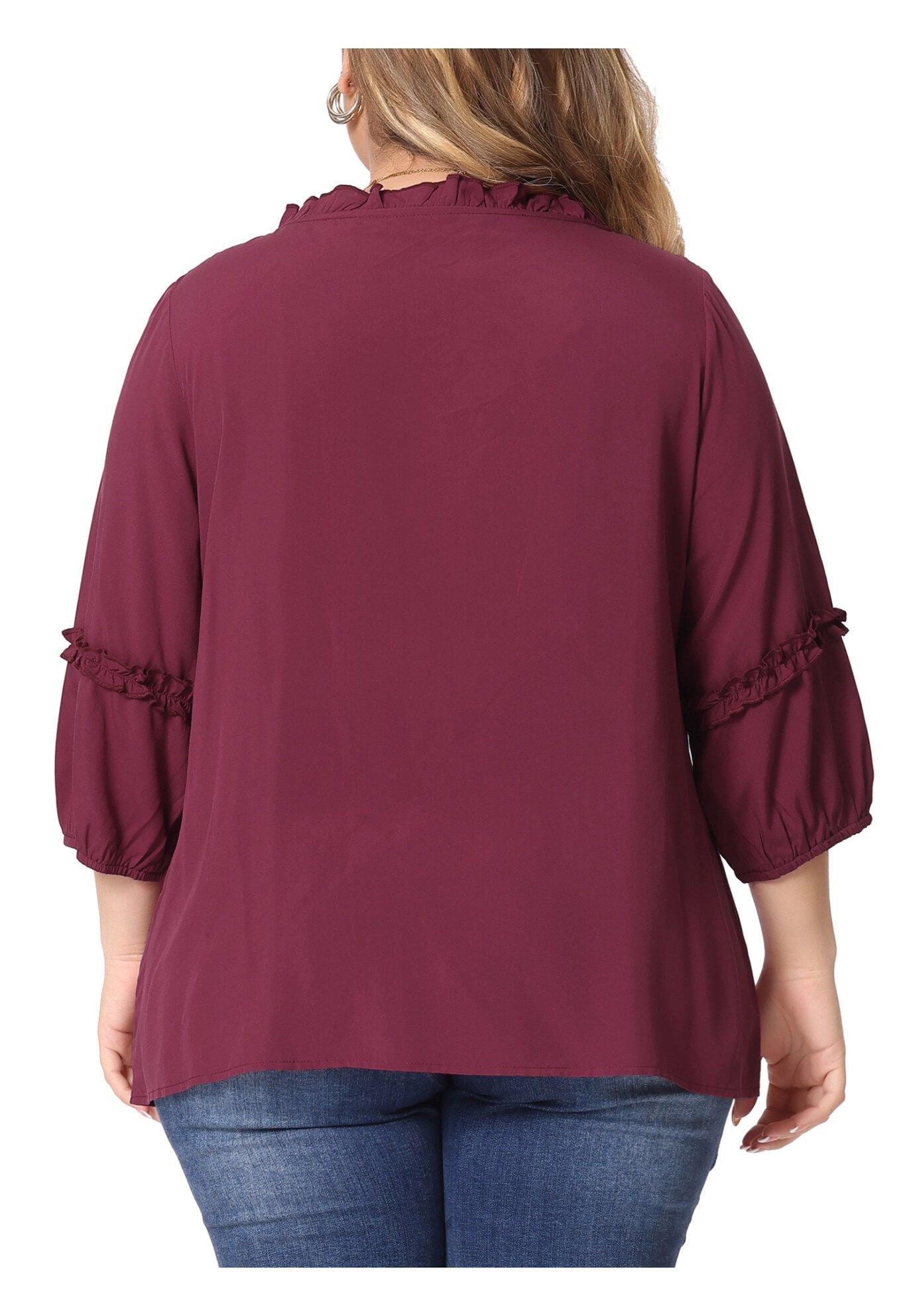 TIE NECK TASSEL SELF FLUTTER 3/4 SLEEVE BLOUSE TOP, Burgundy / Red, alternate image number 3