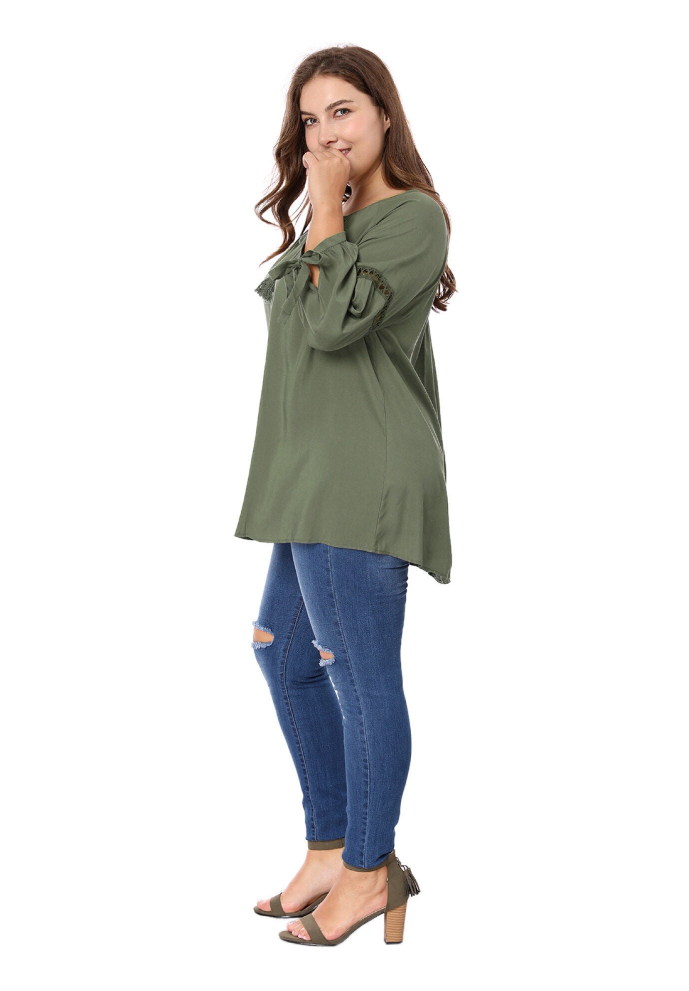 RAGLAN SLEEVES HOLLOW OUT TIE NECK PEASANT TOP, Green / Olive Green, alternate image number 2