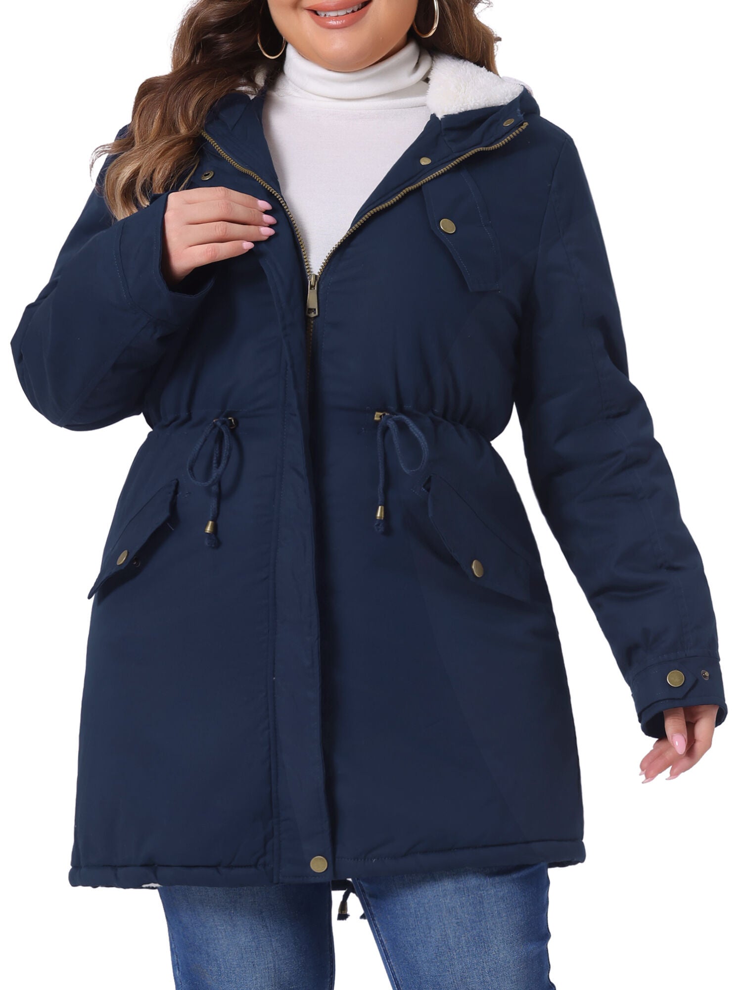 HOODED PARKAS JACKET FAUX FUR LINED LONG ANORAK COAT, Navy Blue / Navy, alternate image number 1