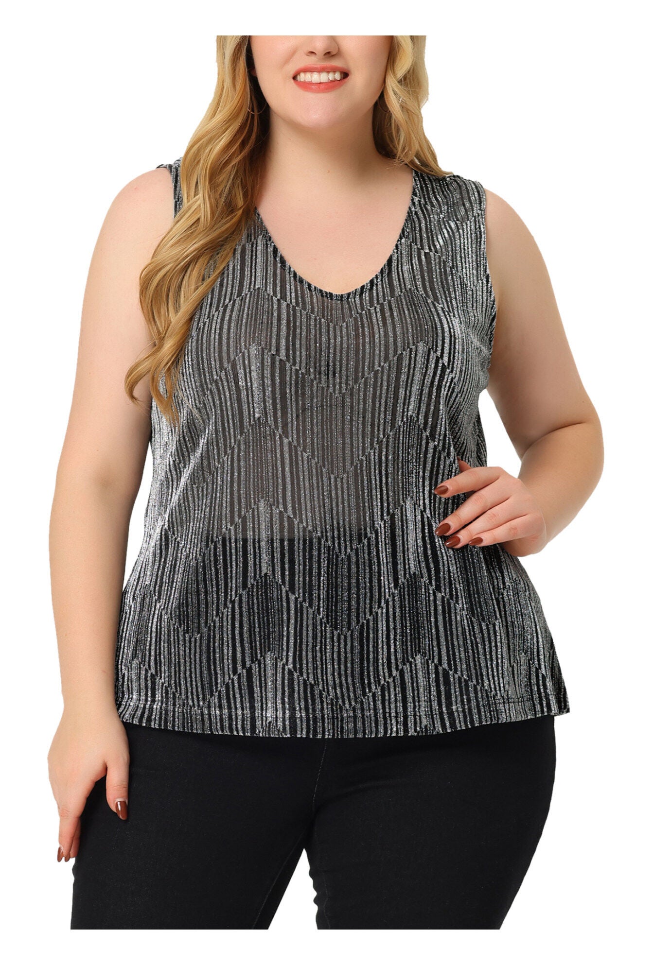 SEQUIN TOP SLEEVELESS GLITTER GRADIENT TANK VEST, Silver / Silver, alternate image number 2