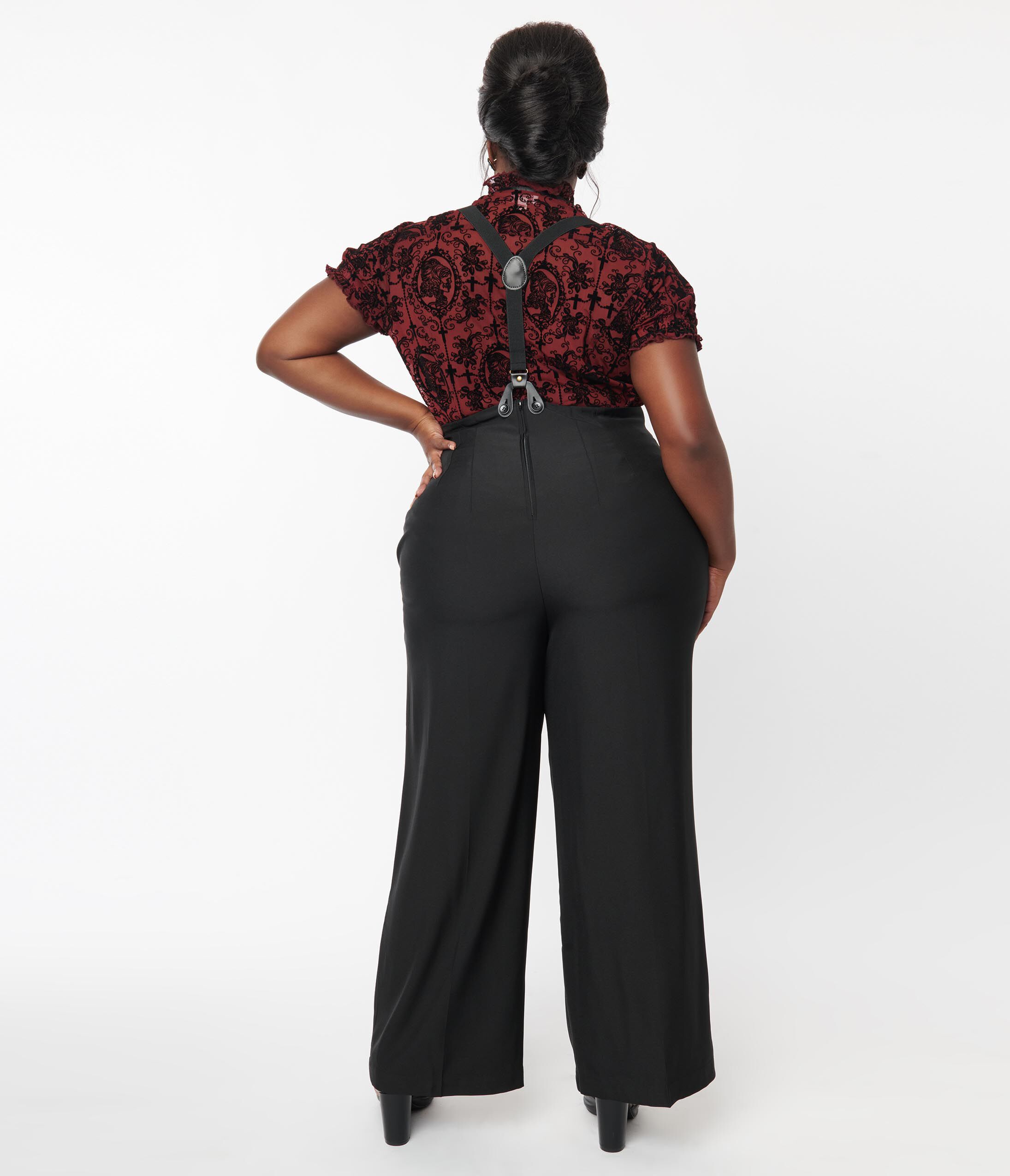 Unique Vintage Plus Size Black High Waist Suspender Pants, Black / Black, alternate image number 2