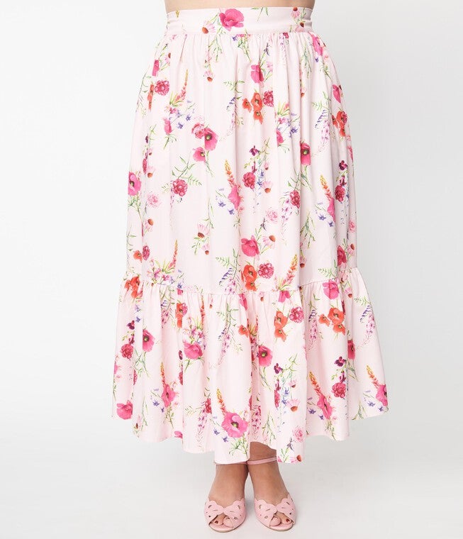 Unique Vintage Light Pink Floral Tiered Midi Skirt, Pink Floral / Pink, alternate image number 4