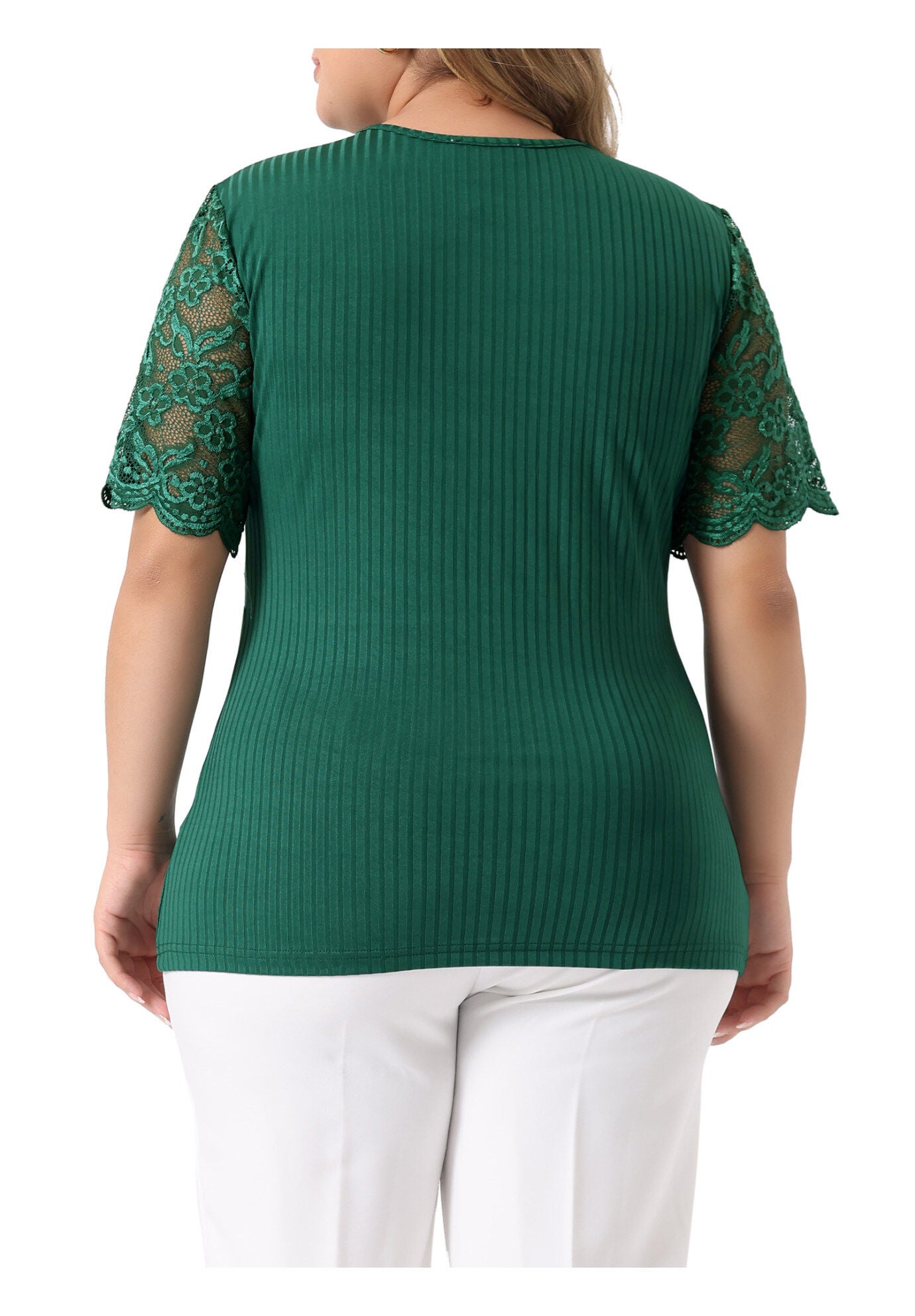 V Neck Short Sleeve Lace Ribbed Knit Tunic Top, Green / Forest Green, alternate image number 3