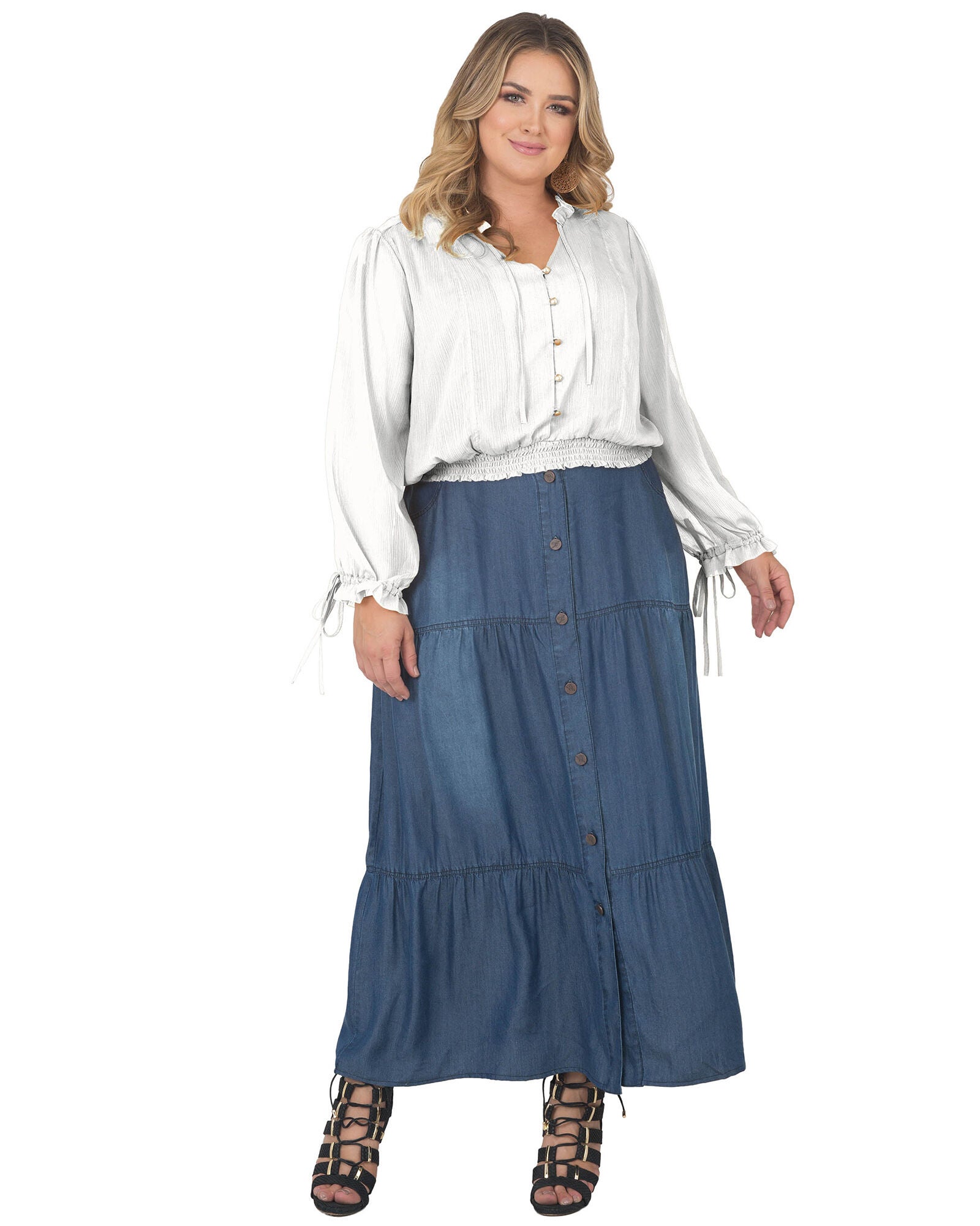 Plus Size Jessica Chiffon Tie-Neck Long Sleeve Prairie Top, Off White / Ivory, alternate image number 1