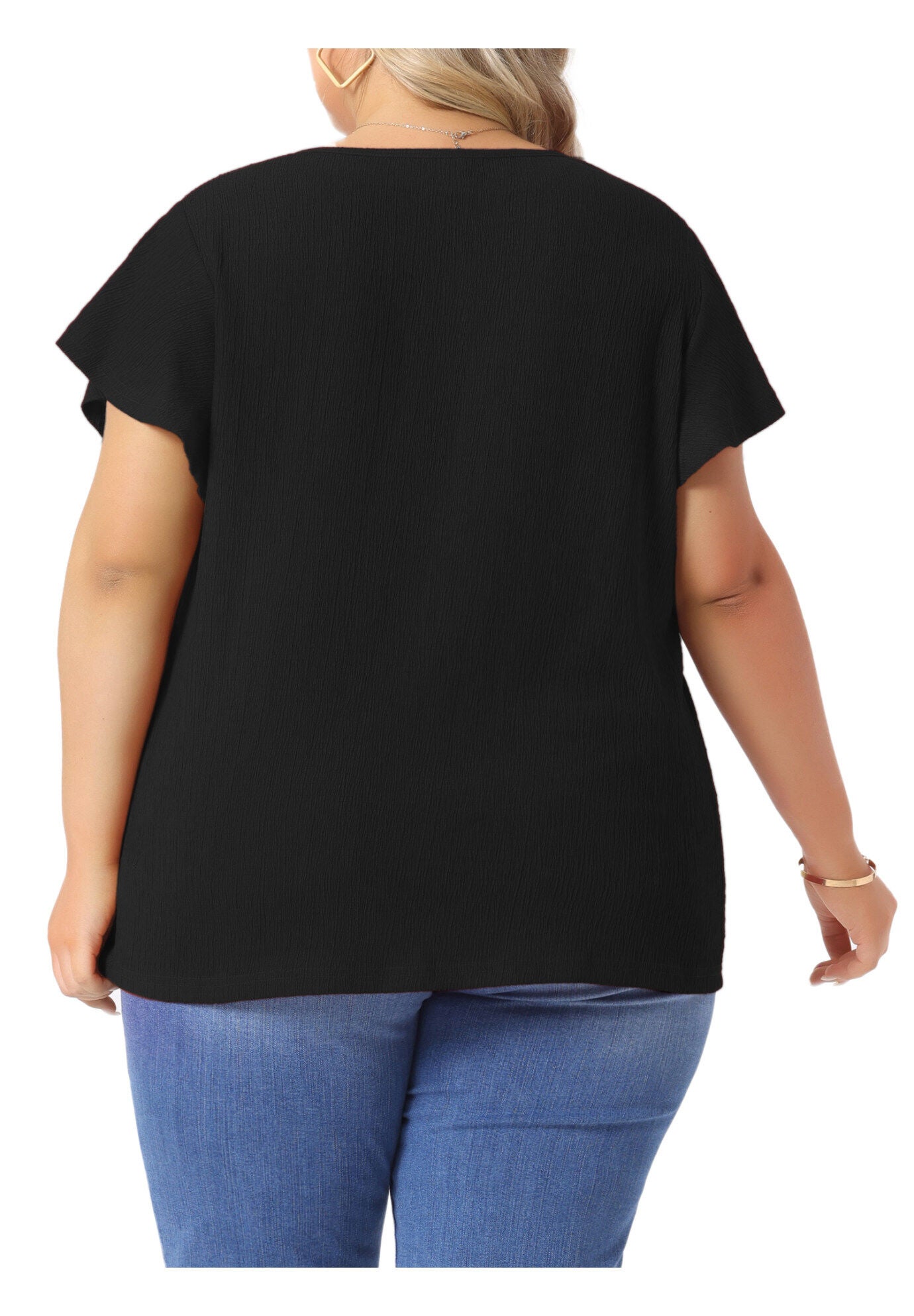 V Neck Ruffle Short Sleeve Summer Blouse, Black / Black, alternate image number 3