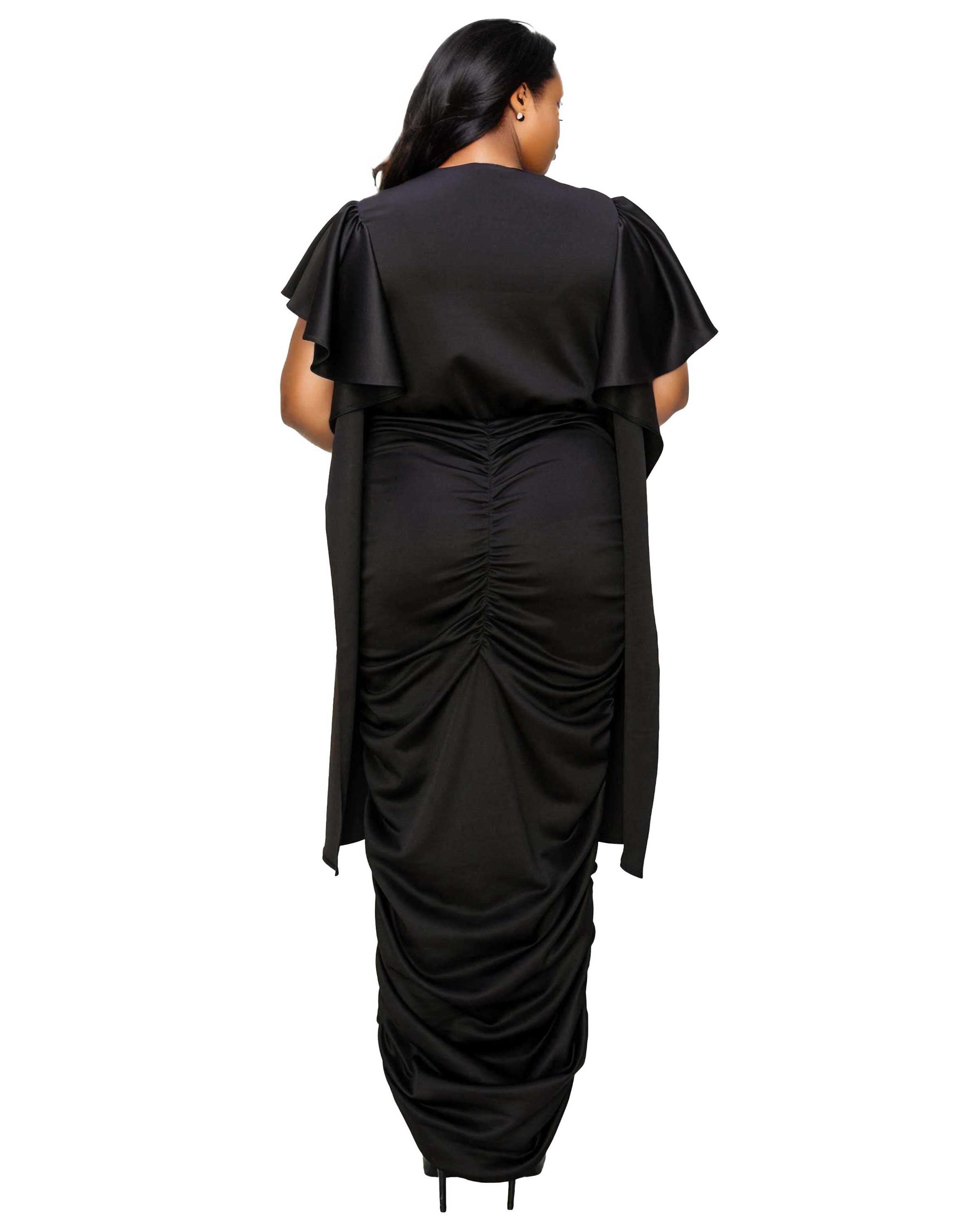 NADIA RUCHED V NECK DRESS, Black / Black, alternate image number 1