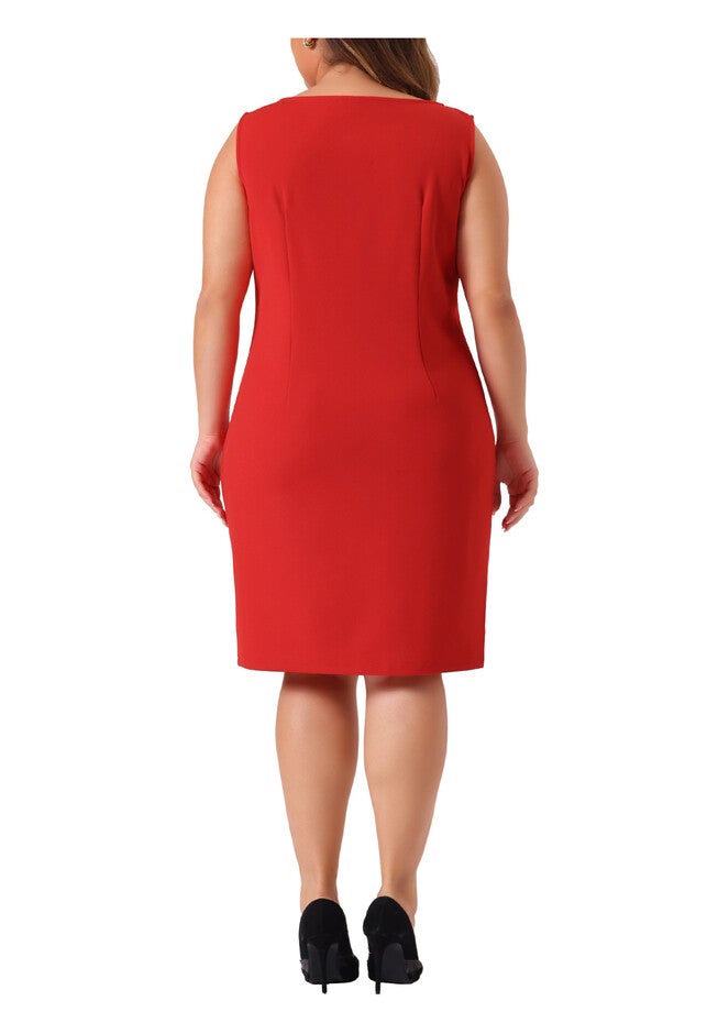 SLEEVELESS BOAT NECK STRAIGHT PENCIL SHEATH DRESS, Red / Red, alternate image number 3