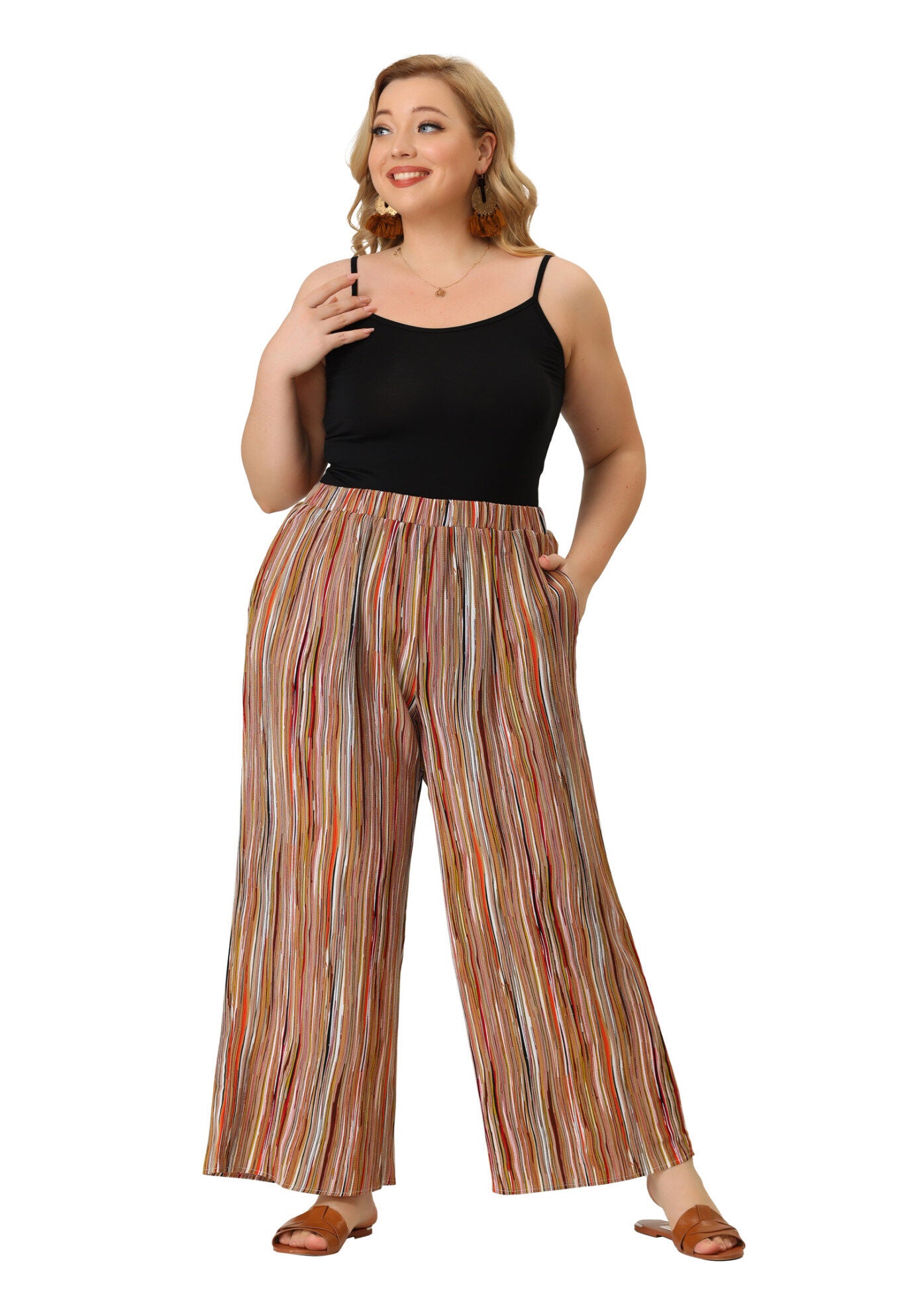 STRIPE BOHO WIDE LEG PAPER BAG PALAZZO PANTS, Brown / Brown, alternate image number 3