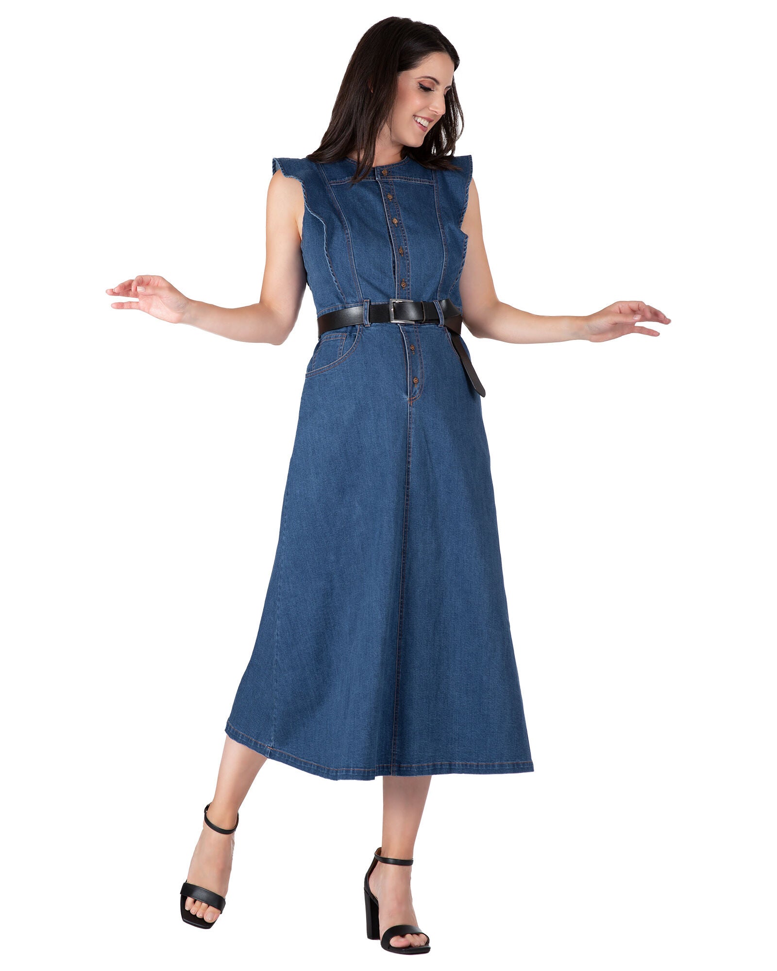 Verona Women&#39;s Plus Size Ruffle Sleeveless A-Line Midi Denim Dress, Dark Blue / Navy, alternate image number 1