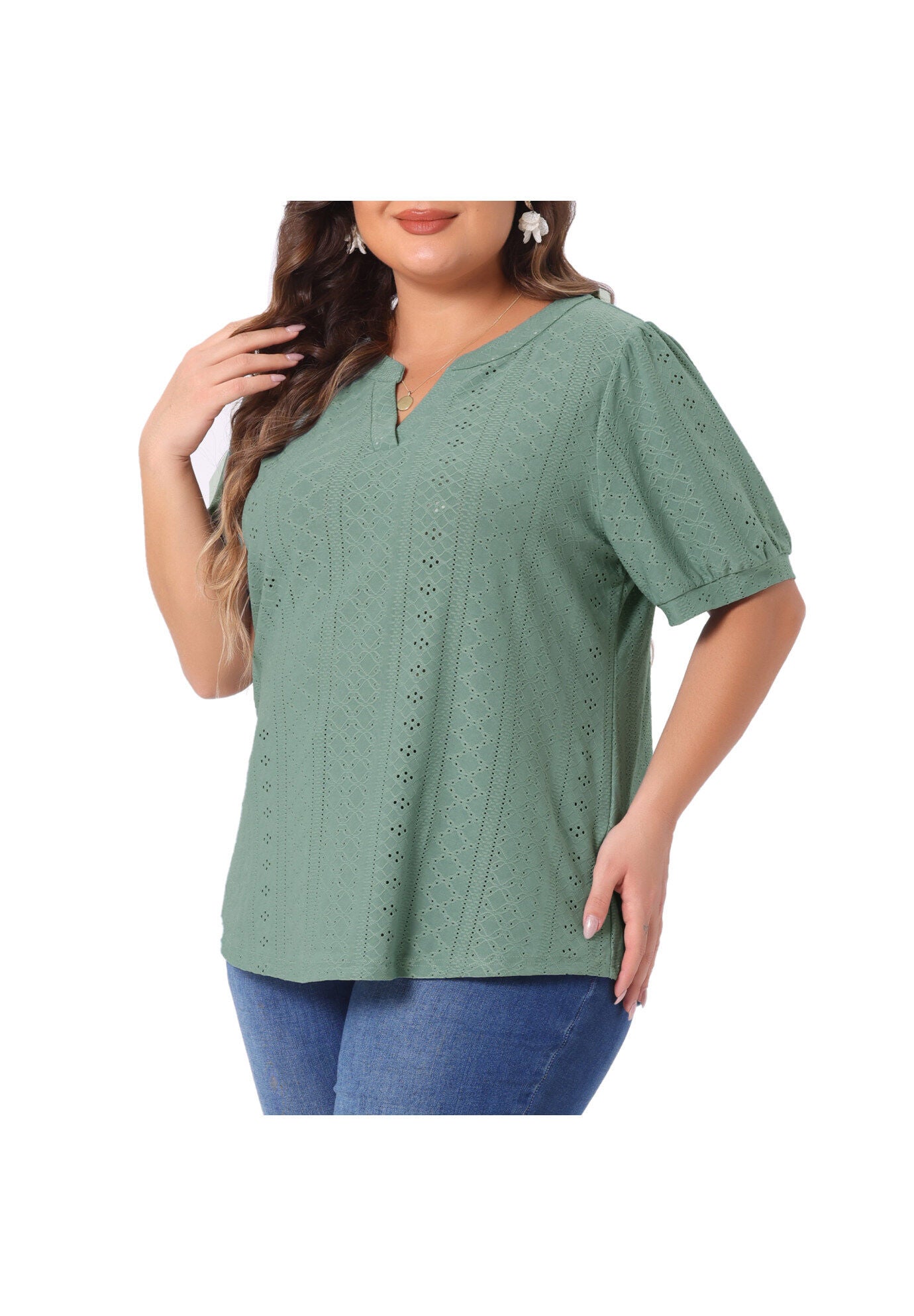 Hollow Casual V Neck Short Sleeve Summer Blouse, Green / Sage Green, alternate image number 1