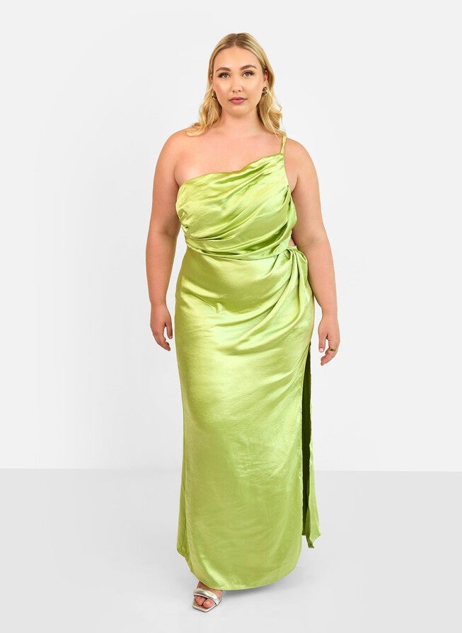 EMMA SATIN ONE SHOULDER MAXI BODYCON DRESS - CHARTREUSE | Dia & Co EMMA SATIN ONE SHOULDER MAXI BODYCON DRESS - CHARTREUSE | Dia & Co