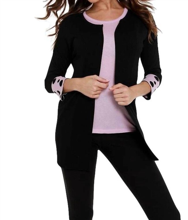 POLKA DOT SLEEVE RIBBED OPEN CARDIGAN IN BLACK/PINK, BlackPink / Black, hi-res image number null
